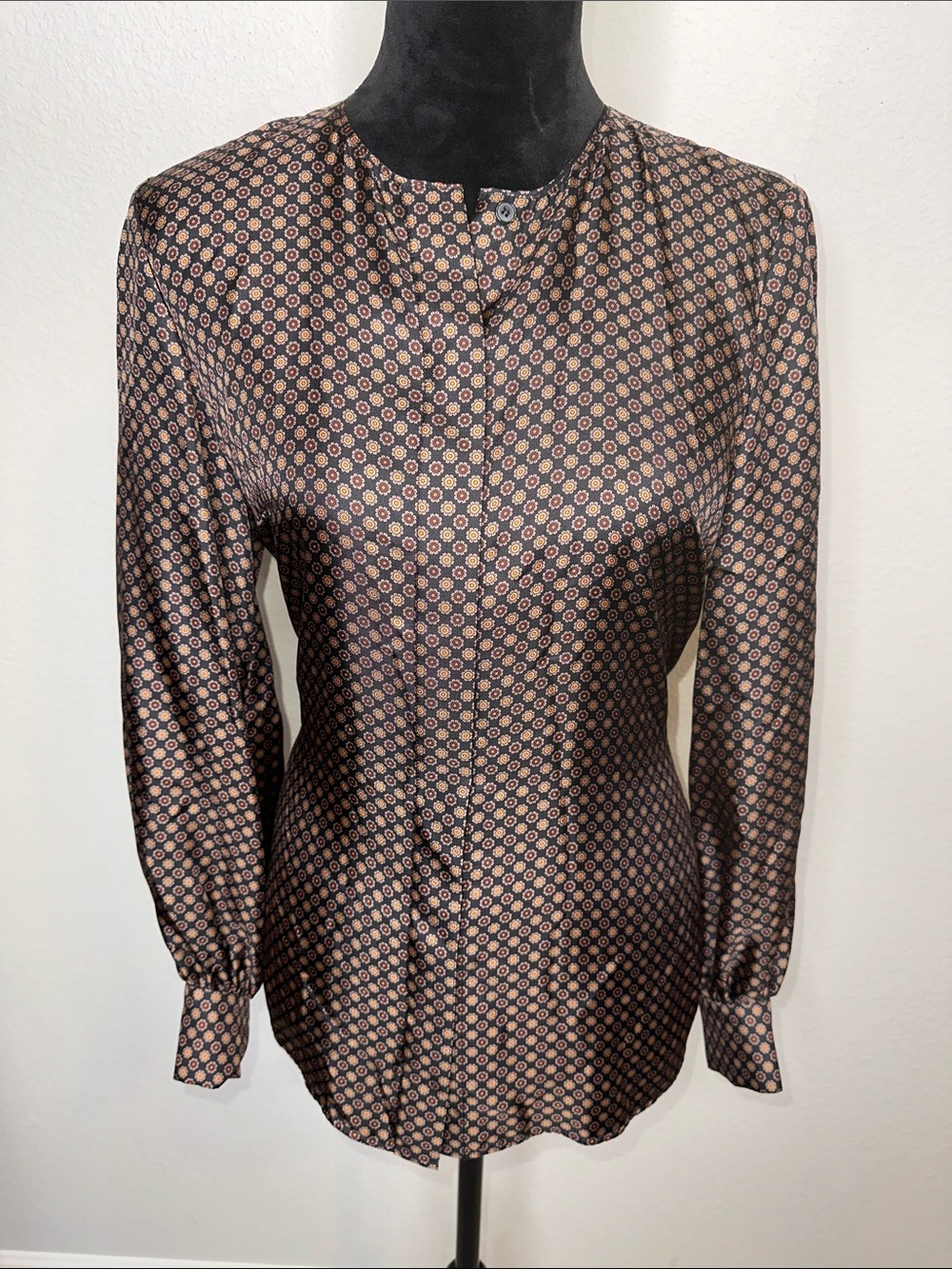 Lafayette 148 New York Black and Brown Geometric-Print Long-Sleeve Blouse
